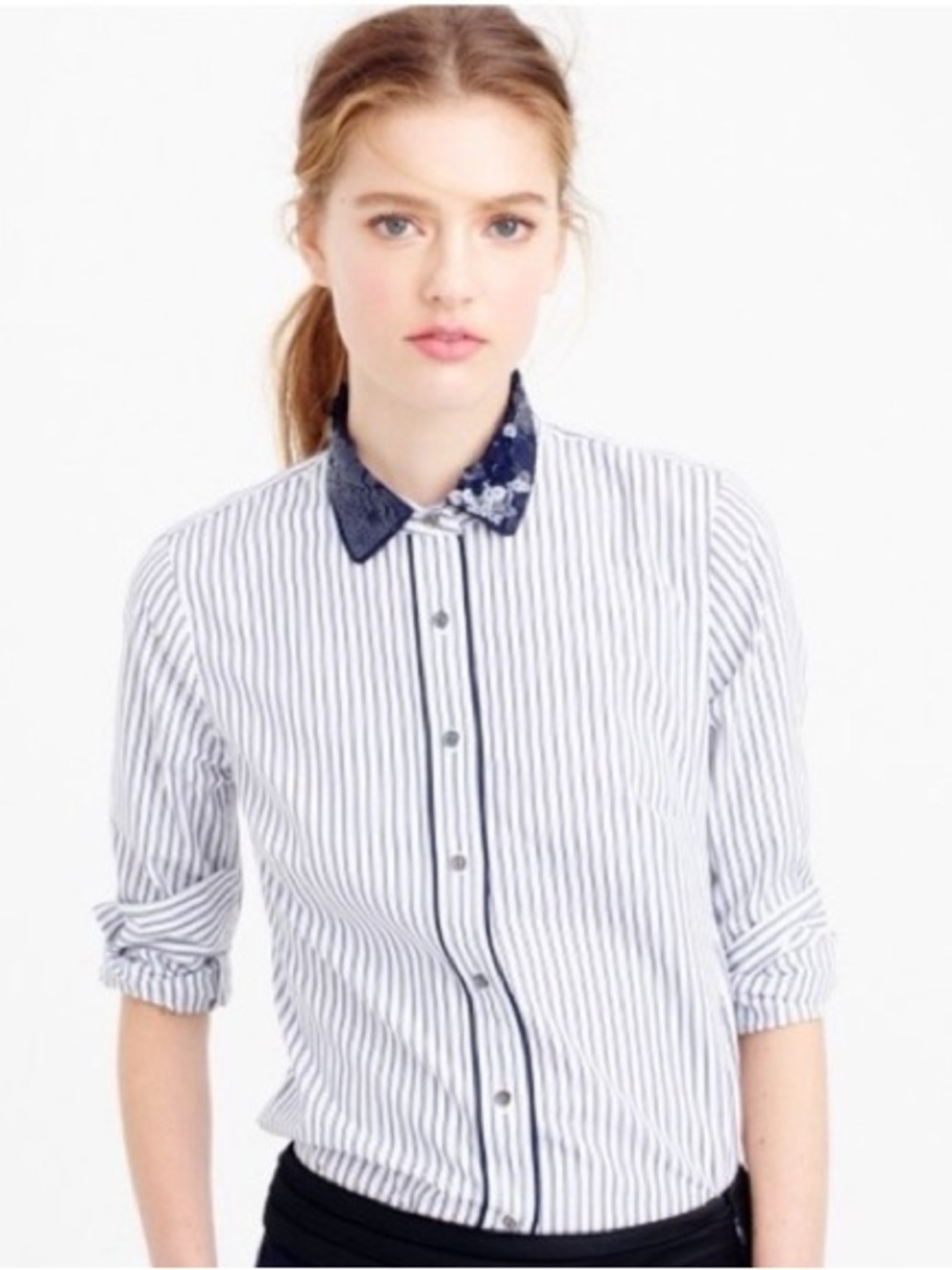 J Crew Blouse Perfect Blue Sequin Collar Pinstripe Blouse Pearl Button NWT.